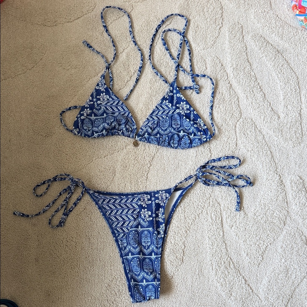 Blue and White Patterned Bikini Set
